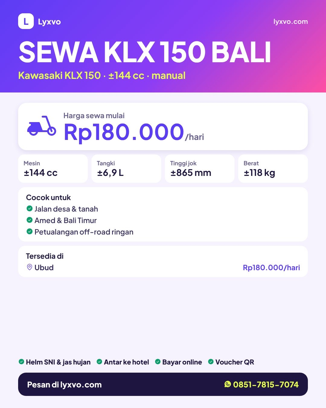 Sewa Kawasaki KLX 150 Bali — harga per hari & area tersedia — Lyxvo
