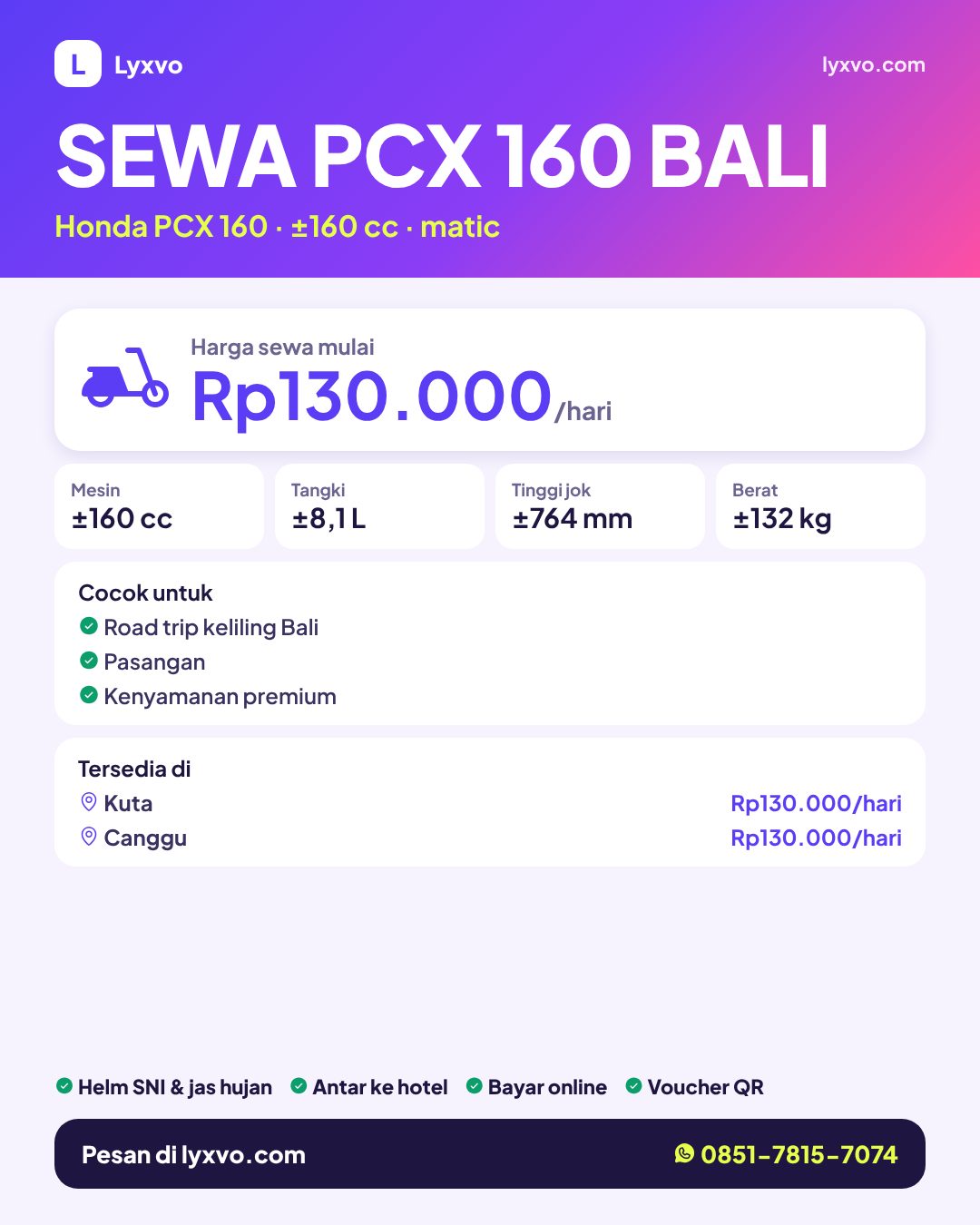 Sewa Honda PCX 160 Bali — harga per hari & area tersedia — Lyxvo